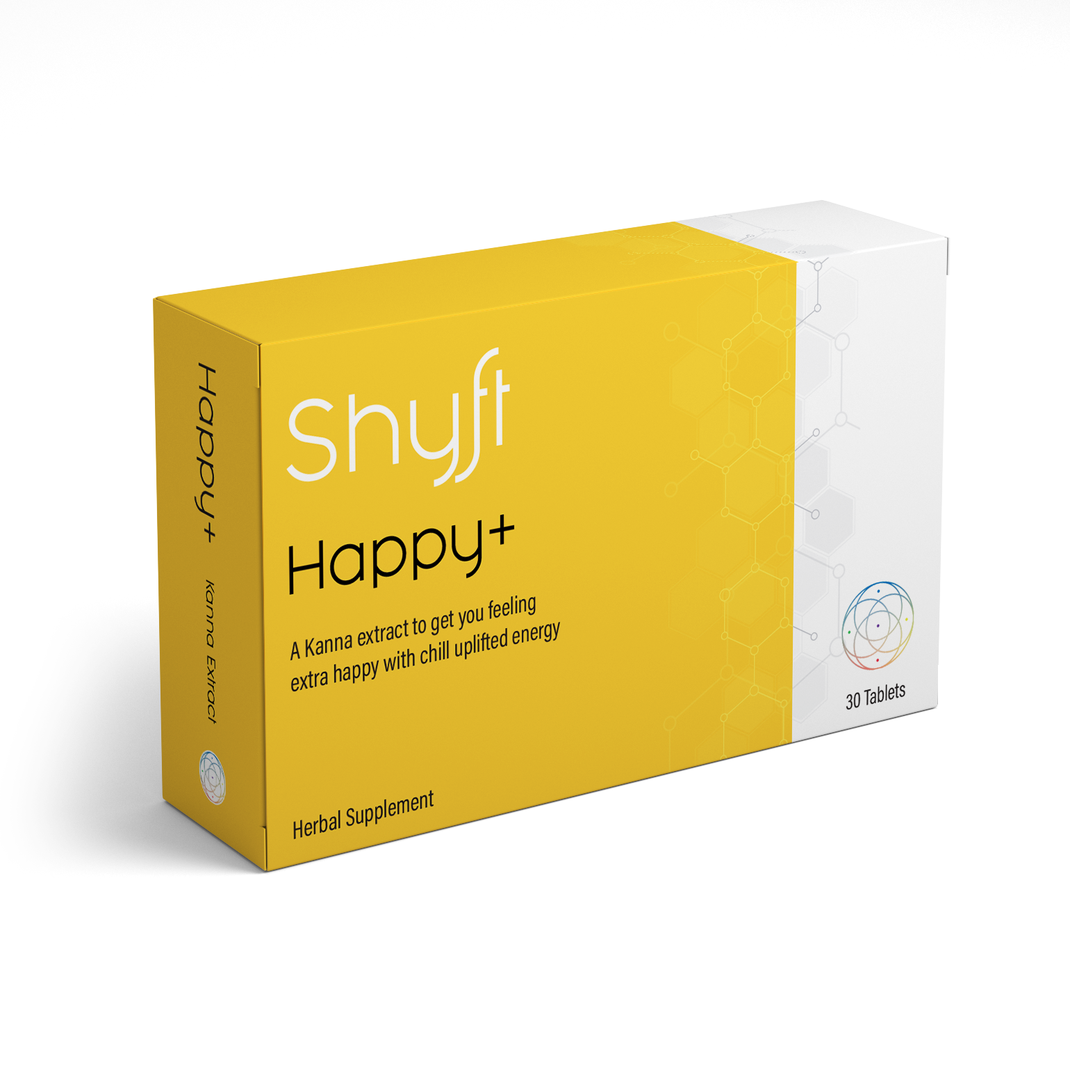 A photo of a 30 tablet package with product name Shyft Happy+ and description A Kanna extract to get you feeling extra happy with chill uplifted energy.