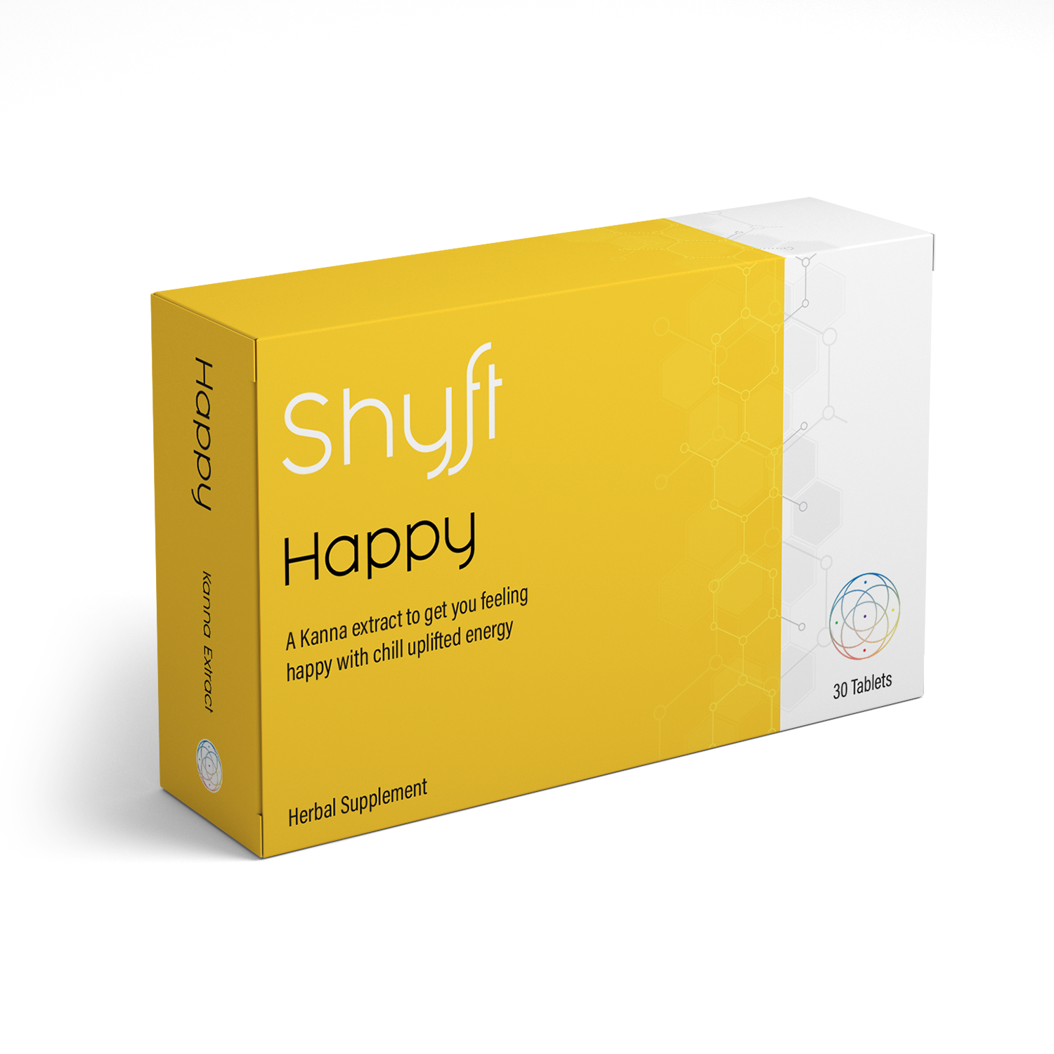 A photo of a 30 tablet package with product name Shyft Happy and description A Kanna extract to get you feeling happy with chill uplifted energy.