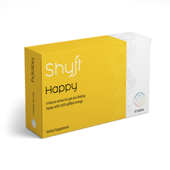 A photo of a 30 tablet package with product name Shyft Happy and description A Kanna extract to get you feeling happy with chill uplifted energy.